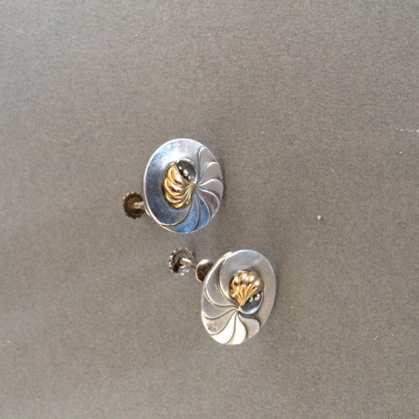 Georg Jensen Sterling Silver "Nautilus" Earrings with 18K Gold Center No. 96