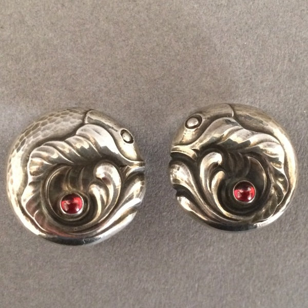 Georg Jensen Sterling Silver Fish Earrings with Garnet No. 63A