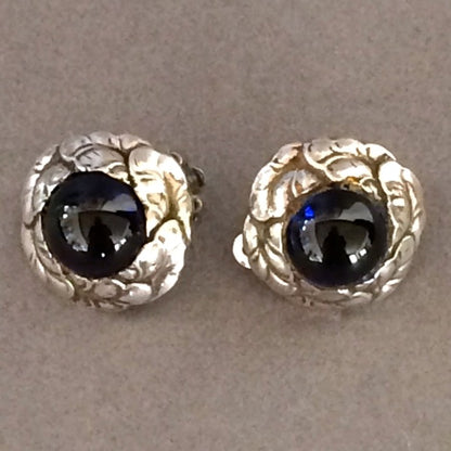 Georg Jensen Sterling Silver Synthetic Sapphire Cabochon Clip-On Earrings No. 74