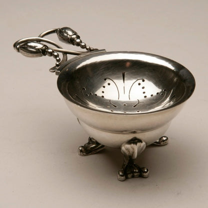 Georg Jensen Sterling Silver Blossom Tea Strainer No. 84A on Stand No. 77B