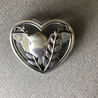 Estate Georg Jensen Sterling Silver Heart And Bird Brooch by Arno Malinowski No. 239