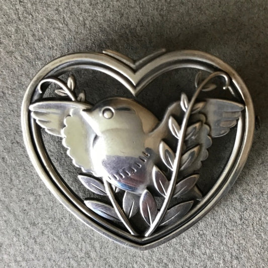 Estate Georg Jensen Sterling Silver Heart And Bird Brooch by Arno Malinowski No. 239