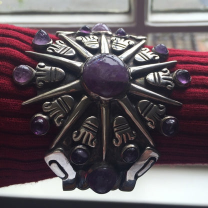 William Spratling Sterling Silver Aztec Sun Cuff with Amethyst