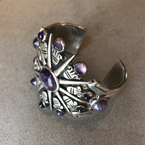 William Spratling Sterling Silver Aztec Sun Cuff with Amethyst