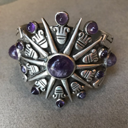 William Spratling Sterling Silver Aztec Sun Cuff with Amethyst