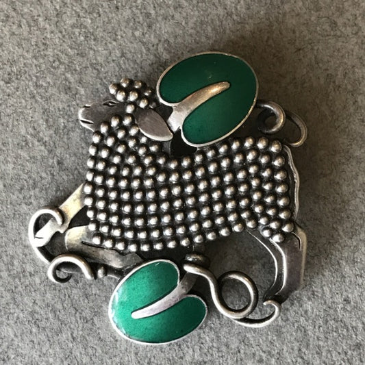 Georg Jensen Sterling Silver "Lamb" Brooch No. 284 With Green Enamel