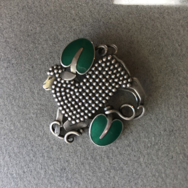 Georg Jensen Sterling Silver "Lamb" Brooch No. 284 With Green Enamel