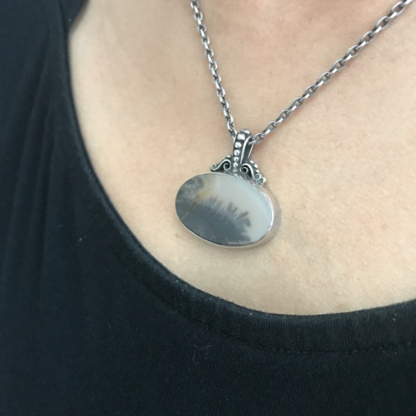 Royal Copenhagen Sterling Silver and Landscape Agate Necklace