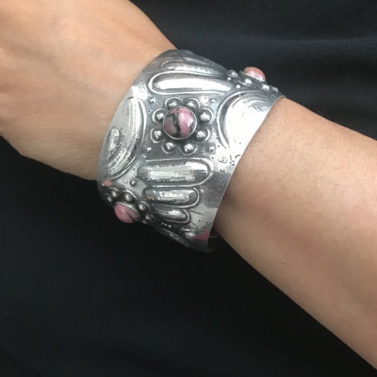 Unique Repousse 900 Silver Cuff with Rhodonite Cabochons Circa 1920's