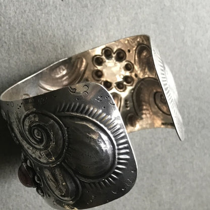 Unique Repousse 900 Silver Cuff with Rhodonite Cabochons Circa 1920's