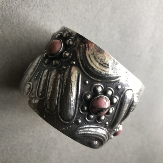 Unique Repousse 900 Silver Cuff with Rhodonite Cabochons Circa 1920's