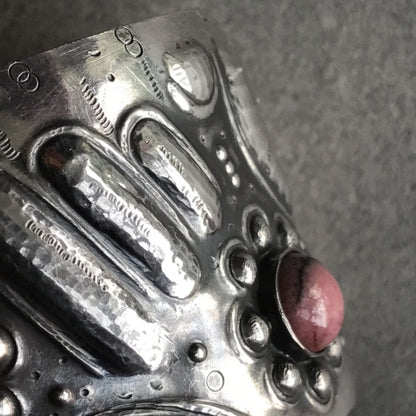 Unique Repousse 900 Silver Cuff with Rhodonite Cabochons Circa 1920's