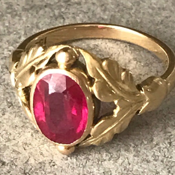 Estate Georg Jensen 18K Gold with Man-made Ruby Ring No 208