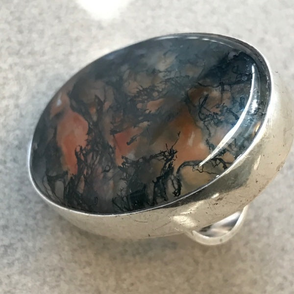 Estate Hans Hansen Modernist Sterling Silver & Moss Agate Ring