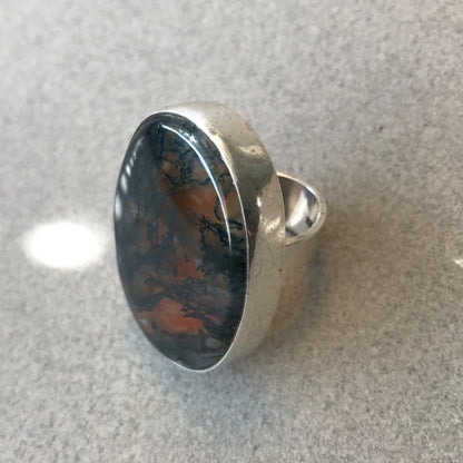 Estate Hans Hansen Modernist Sterling Silver & Moss Agate Ring