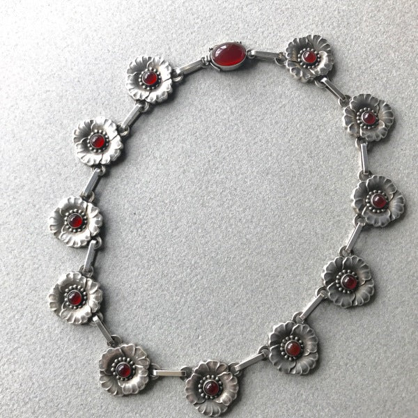 Georg Jensen Sterling Silver Flower Necklace No. 30A With Carnelian Cabochons