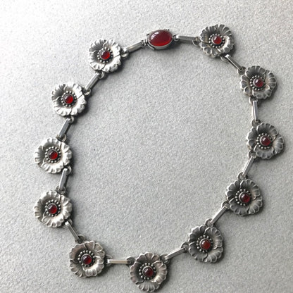 Georg Jensen Sterling Silver Flower Necklace No. 30A With Carnelian Cabochons