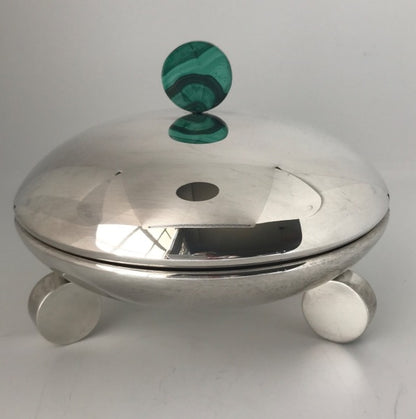 Art Deco Sterling Silver Covered Dish With Malachite Finial