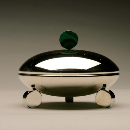 Art Deco Sterling Silver Covered Dish With Malachite Finial