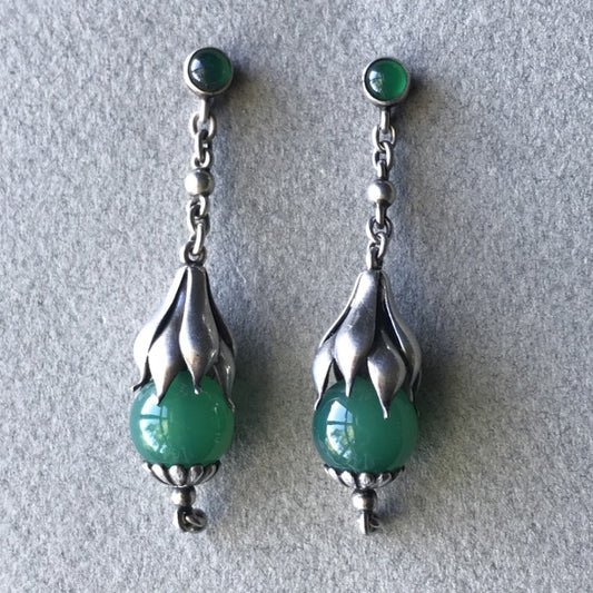 Georg Jensen Sterling Silver and Green Agate Drop Earrings