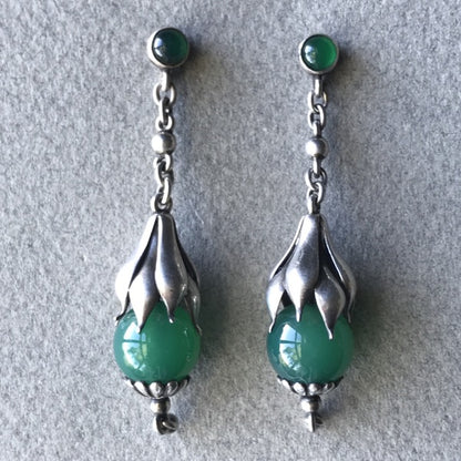 Georg Jensen Sterling Silver and Green Agate Drop Earrings