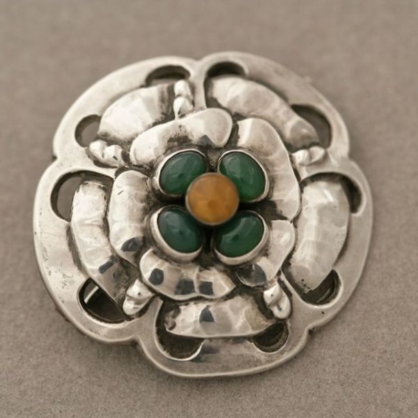 Rare Georg Jensen brooch with amber and chrysophase no 9