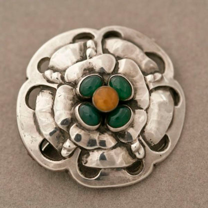 Rare Georg Jensen brooch with amber and chrysophase no 9