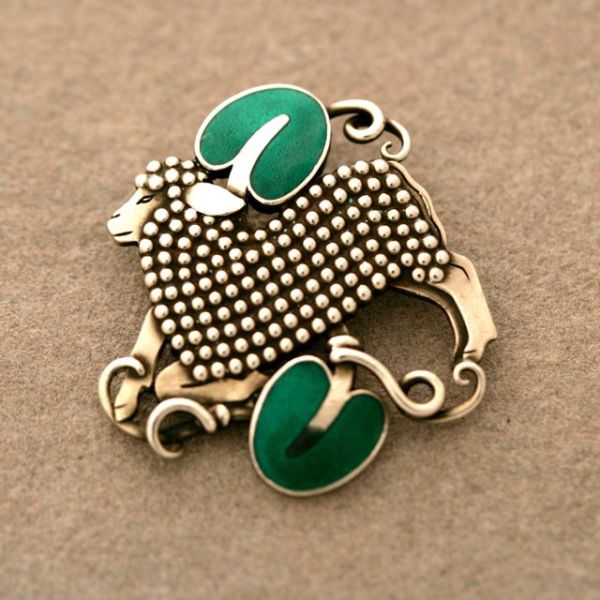 Georg Jensen Rare lamb Brooch with Green Enamel, no. 284