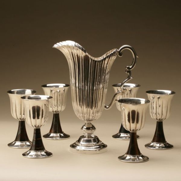 Buccellati Sterling Silver Wine Goblets and Pitcher Set with Hard Stone Stems