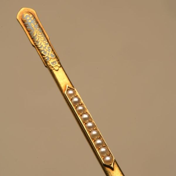 Collectible 18k Gold, Enamel, and Pearl Toothpick in Holder