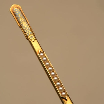 Collectible 18k Gold, Enamel, and Pearl Toothpick in Holder