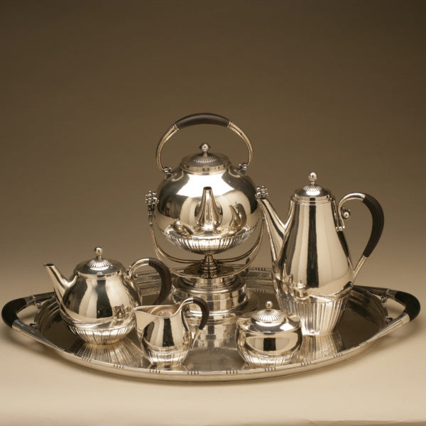 Georg Jensen Sterling Silver "Cosmos" Coffee and Tea Service No. 45 on Extra Large Tray No. 251A by Johan Rohde