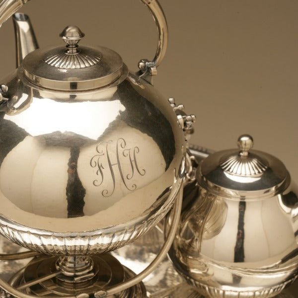 Georg Jensen Sterling Silver "Cosmos" Coffee and Tea Service No. 45 on Extra Large Tray No. 251A by Johan Rohde