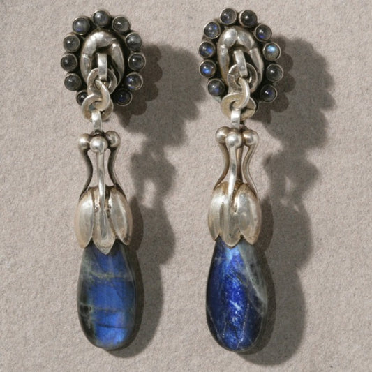 Georg Jensen Super Rare Early Design Earrings with Labradorite Drops, no. 35