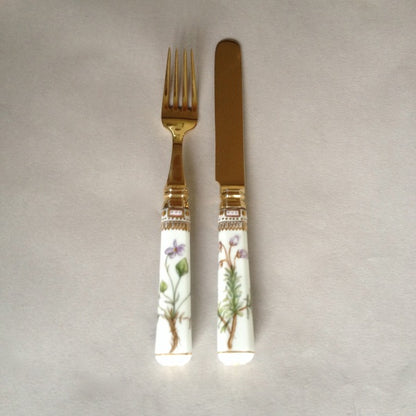 Flora Danica Porcelain Handle Fork and Knife Dessert Set with A. Michelsen 24kt Vermiel