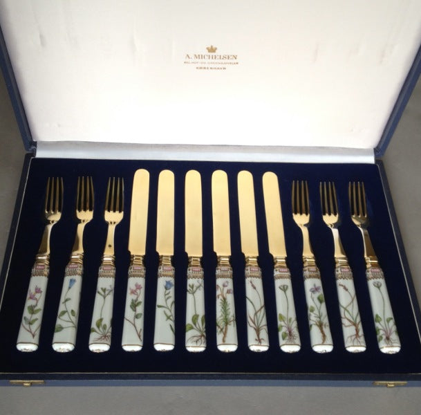 Flora Danica Porcelain Handle Fork and Knife Dessert Set with A. Michelsen 24kt Vermiel