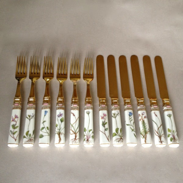 Flora Danica Porcelain Handle Fork and Knife Dessert Set with A. Michelsen 24kt Vermiel