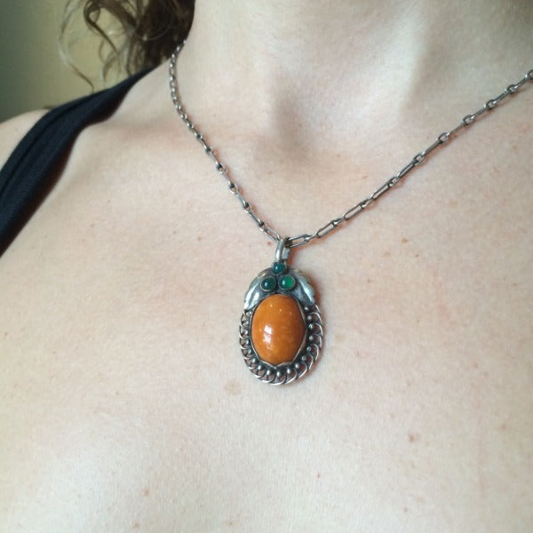 Georg Jensen 830 Silver Pendant with Amber and Chrysoprase  No. 23