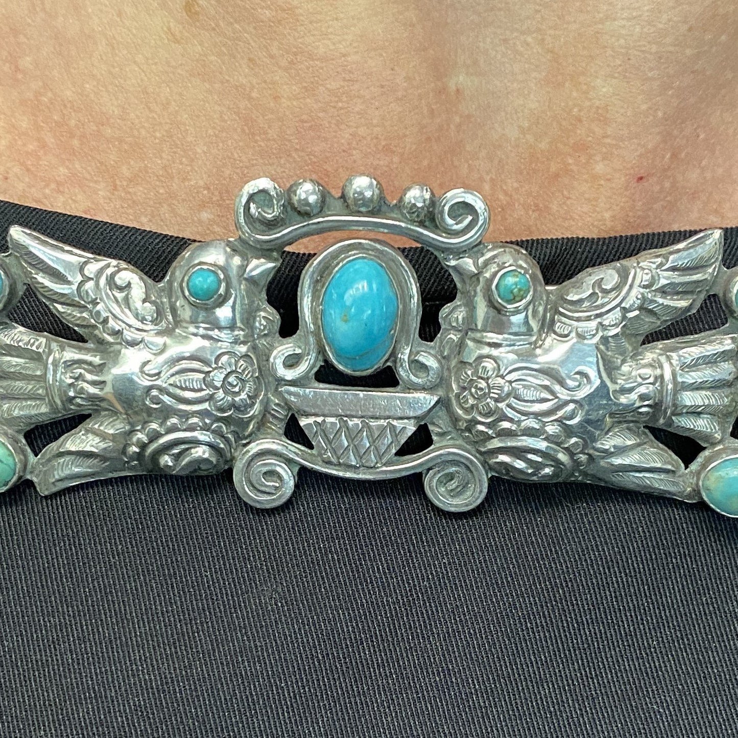 Estate Matl Silver and Turquoise Brooch with Lovebirds