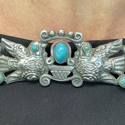 Matl Silver and Turquoise Brooch with Lovebirds