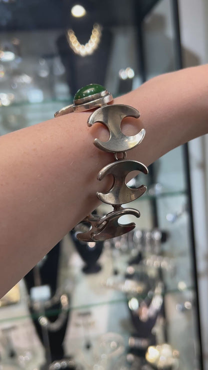 Estate Georg Jensen Sterling Silver Modernist Bracelet with Green Stone by Henning Koppel No. 130B