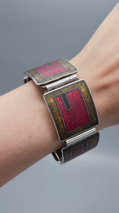 Estate German Polychrome Matte Enamel & Sterling Silver Large Link Bracelet No 17