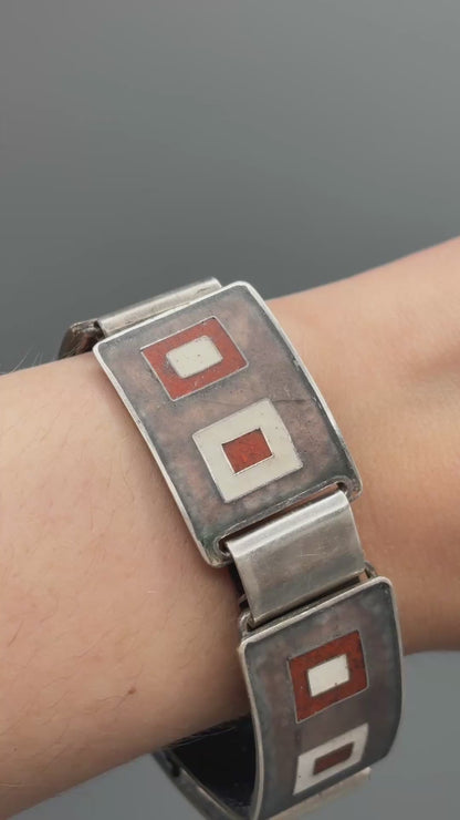 Estate German Polychrome Matte Enamel & Sterling Silver Medium Link Bracelet No 6