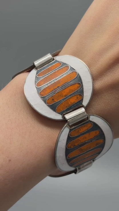 Estate German Polychrome Matte Enamel & Sterling Silver Circular Link Bracelet No 11
