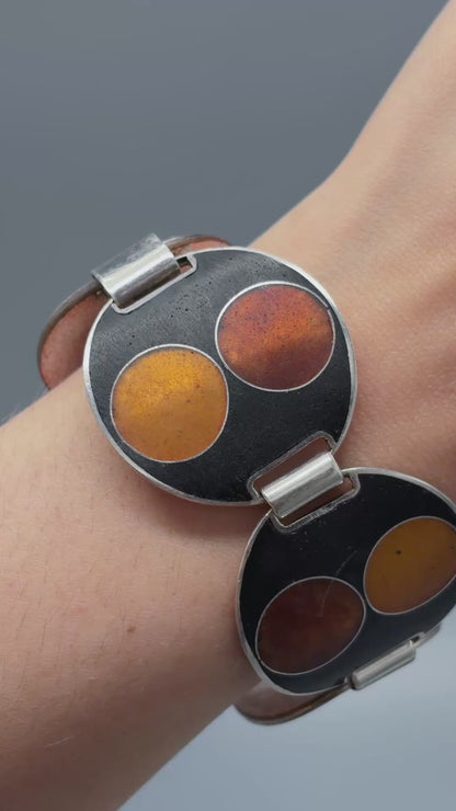Estate German Polychrome Matte Enamel & Sterling Silver Circular Link Bracelet No 10