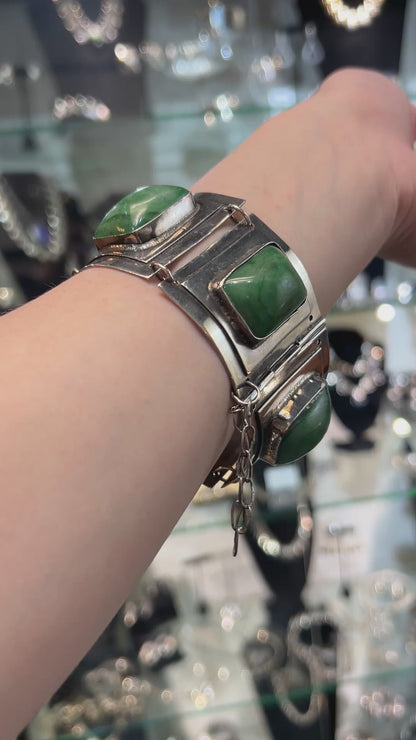 Sterling Silver and Green Stone Panel Bracelet