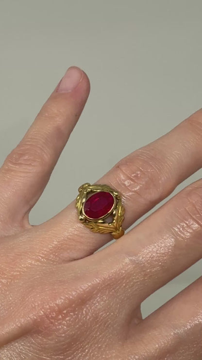 Estate Georg Jensen 18K Gold with Man-made Ruby Ring No 208
