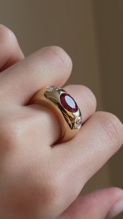 18k Gold Rubellite & Brilliant Cut Natural Diamond Gypsy Ring