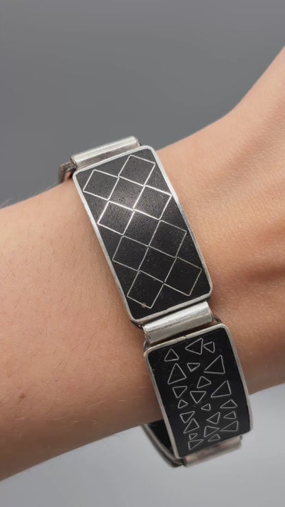 Estate German Black Matte Enamel & Sterling Silver Small Link Bracelet No 3