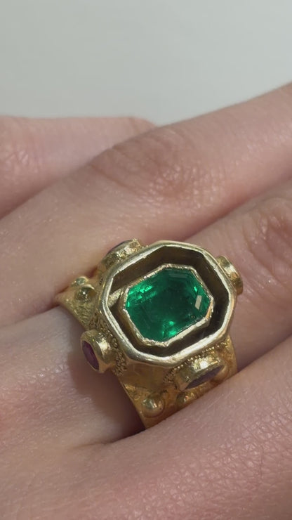 Estate Ed Wiener 18K Gold Ring with Octagonal Emerald and Rubies